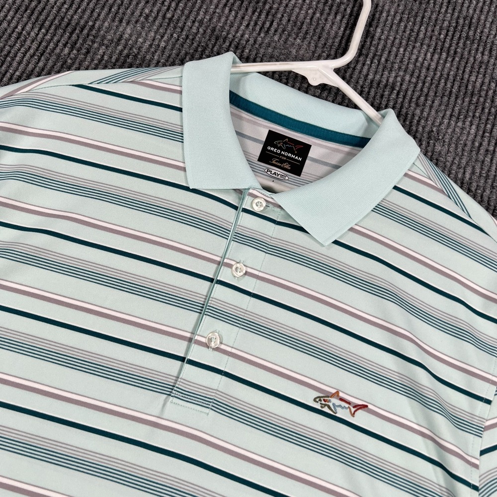 Greg Norman Polo Shirt Mens Large Green Striped Short Sleeve Casual Golf Outdoor